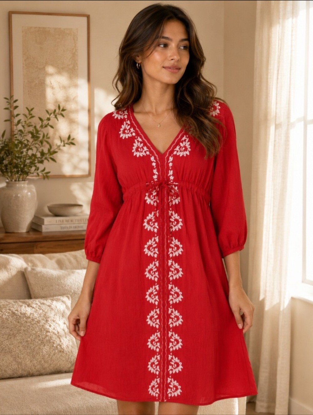 Vanilla Bay Red Midi Dress with White Embroidery